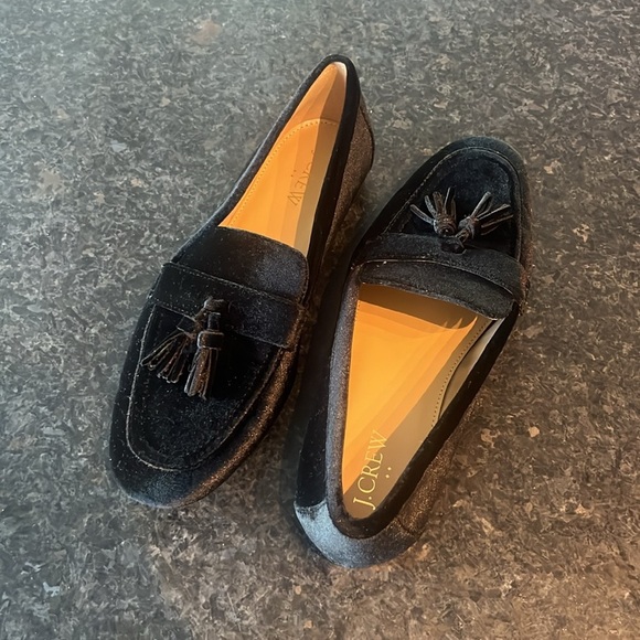 J. Crew Black Velvet Tassel Loafers Slip-On - Picture 1 of 8